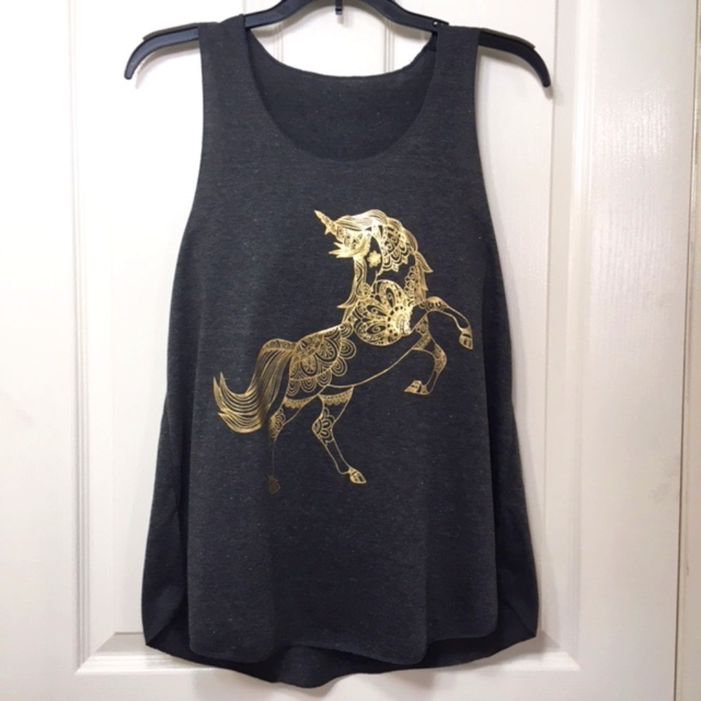 NWOT, Women Sleeveless Tank Top,100% Polyester, Grey, “Unicorn” silkscreen